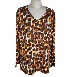 Belle by Kim Gravel Womens TripleLuxe Knit Abstract Giraffe Top Small Java Brown